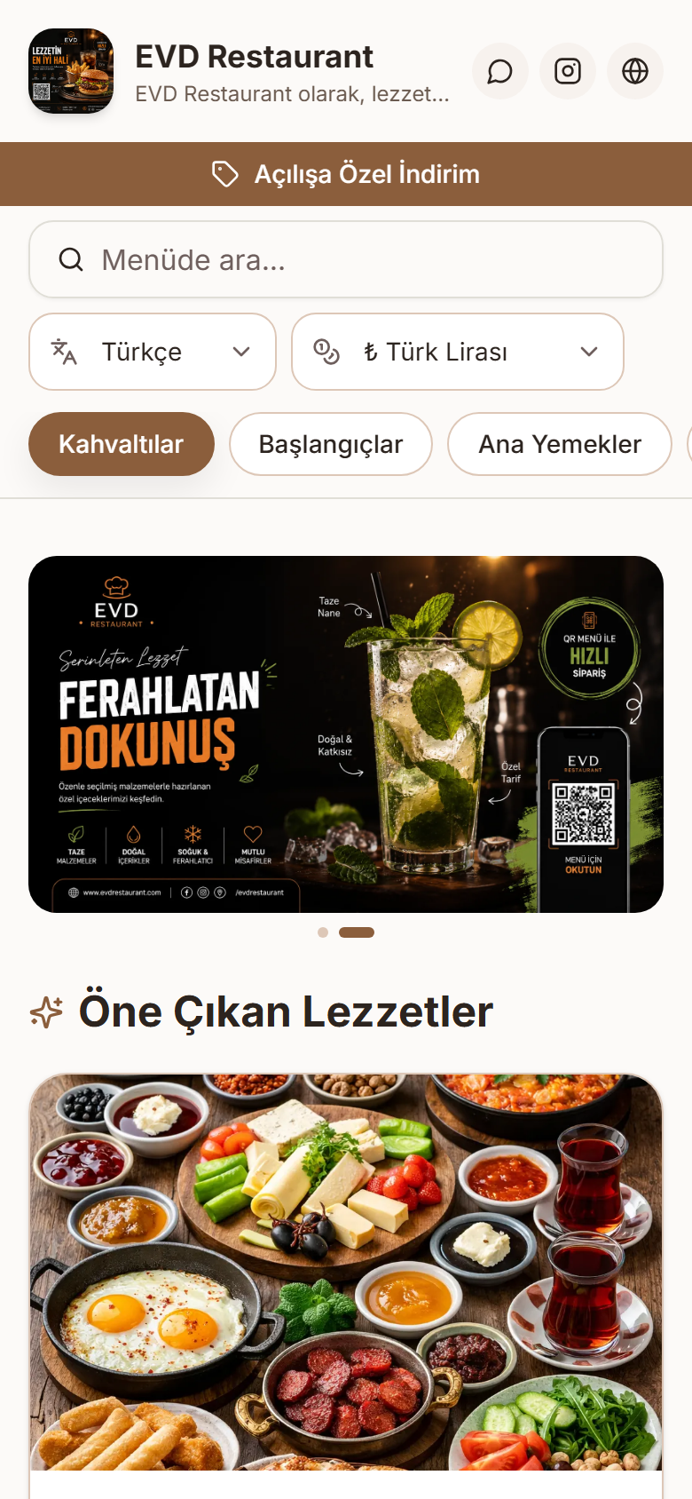 QR Menü'nün gerçek bir müşteri menüsü — kategoriler, kampanya ve öne çıkan lezzetler